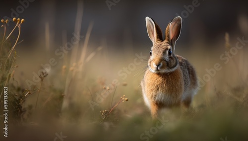 A cute rabbit in a grassland ai, ai generative, illustration