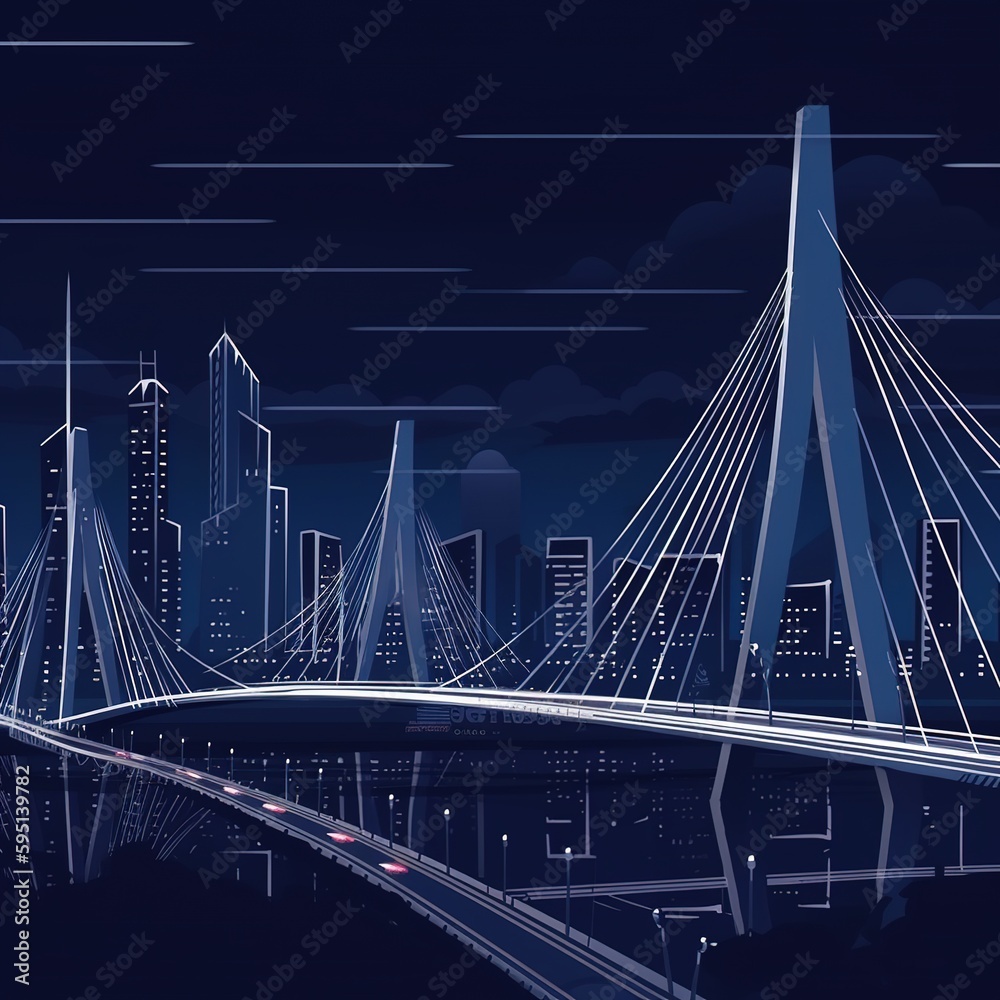 Obraz premium Panorama of the city's infrastructure. A substantial cable-stayed bridge. The plane takes off. The highway is deserted. On the background is a night modern city. generative ai