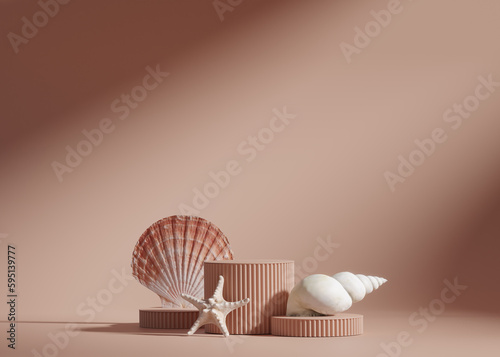 3D background, pink podium, display.Summer shells composition. Nature cosmetic or beauty product promotion step pedestal. Abstract minimal advertise. Studio 3D render. Pastel mockup with sun shadow.