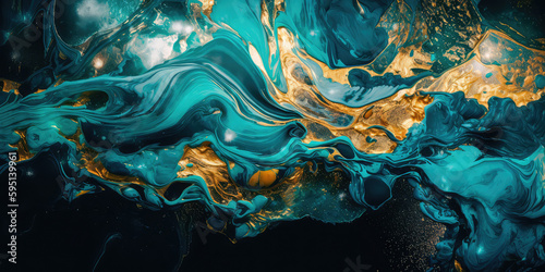 Abstract background with marble effect and turquoise and blue curls decorated with gold glitter, modern art. Generative AI
