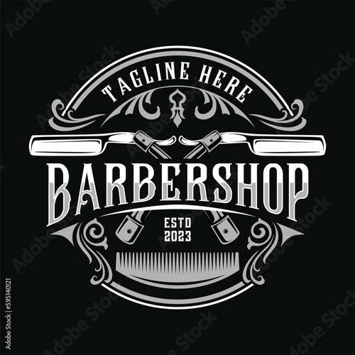 Barbershop vector logo design. Illustration of razor tool with barbers pole, perfect for barber or hair salon