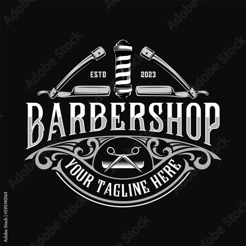 Barbershop logo. Illustration of razor tool with barbers pole, vintage style perfect for barber or hair salon	