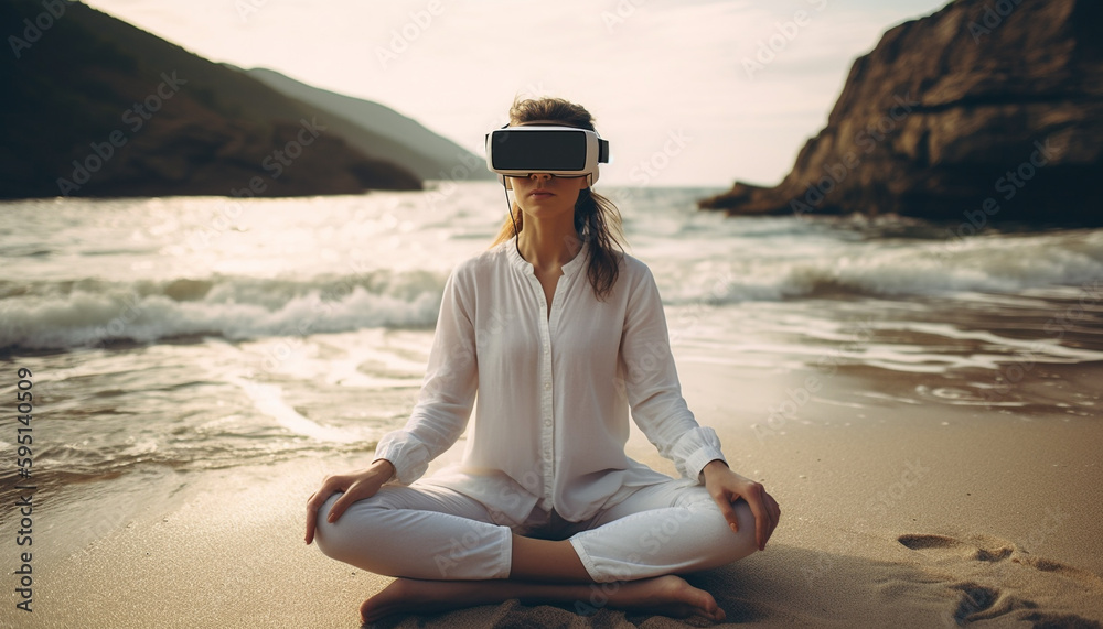 Young woman meditates in serene beach ting generated by AI
