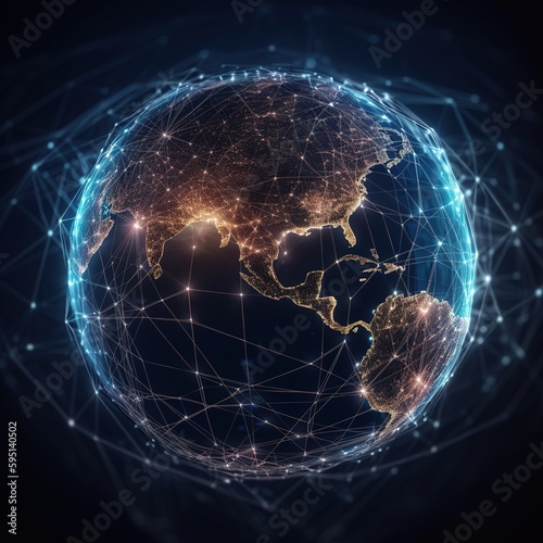 Global network connection covering the earth with lines of innovative perception . Concept of 5G wireless digital connection  Technology Abstract Background Concept. generative ai