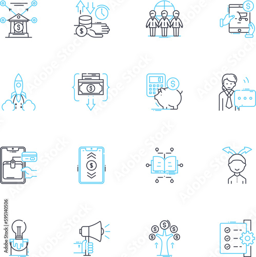 Information trade linear icons set. Exchange, Barter, Market, Sell, Buy, Commerce, Brokering line vector and concept signs. Negotiation,Publishing,Dissemination outline illustrations