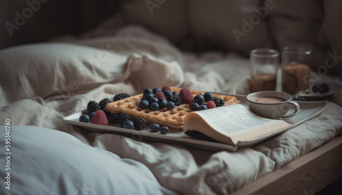 Comfortable bed  fresh berries  coffee for relaxation generated by AI