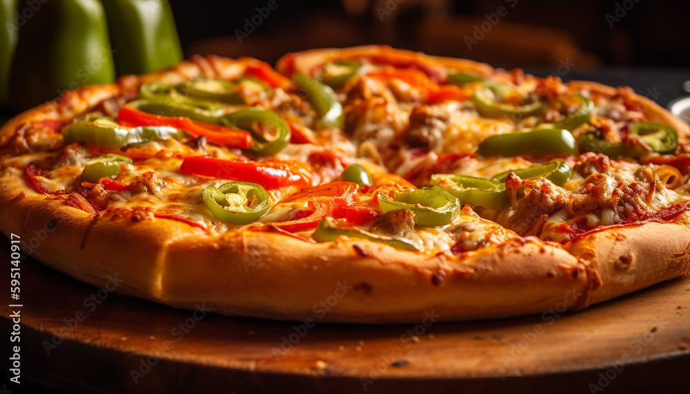 Freshly baked pizza with mozzarella and vegetables generated by AI Freshly baked pizza with mozzarella and vegetables generated by AI