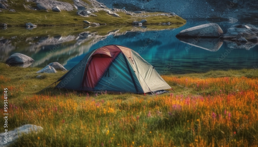 Tranquil scene, mountain peak, dome tent, relaxation generated by AI