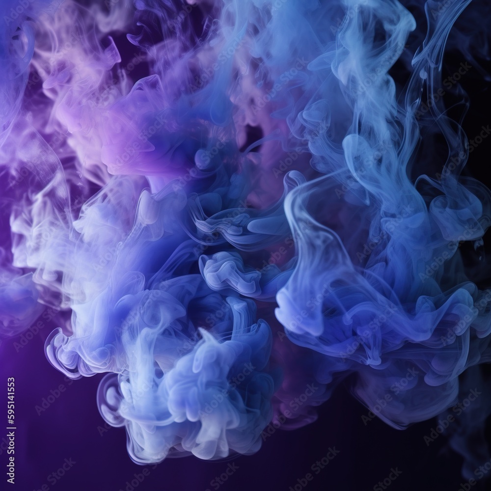 Mist texture. Color smoke. Paint water mix. Mysterious storm sky. Blue purple glowing fog cloud wave abstract art background. generative ai