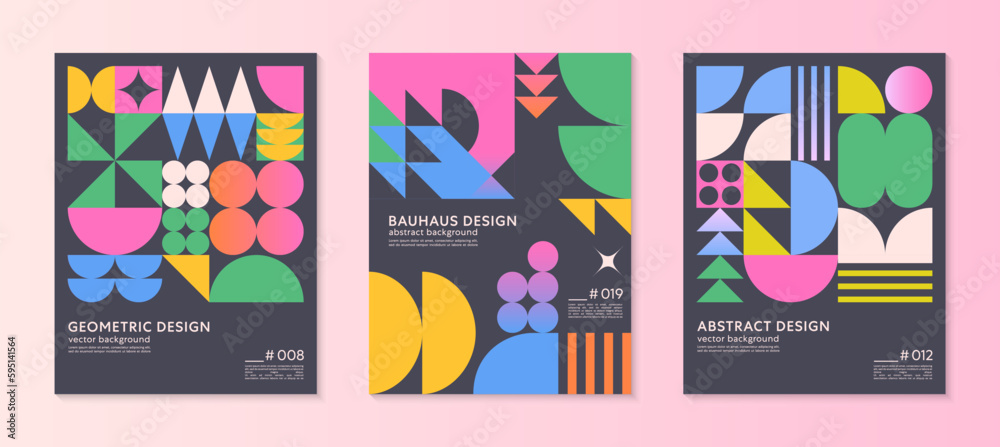 Abstract bauhaus geometric pattern backgrounds with copy space for text.Trendy minimalist geometric designs with simple shapes and elements.Modern artistic vector illustrations.Covers templates