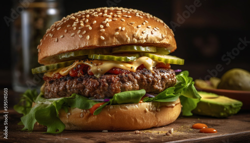 Gourmet cheeseburger with grilled meat and fresh vegetables generated by AI