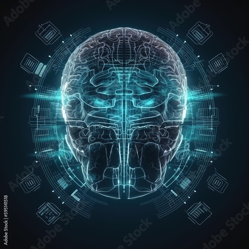 MRI scan or x-ray of the brain. Front view. Digital concept of a neurocomputer interface. Preparation for Neuroprosthetics illustration. Futuristic technological 