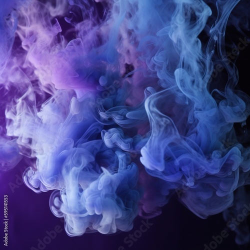 Mist texture. Color smoke. Paint water mix. Mysterious storm sky. Blue purple glowing fog cloud wave abstract art background. generative ai