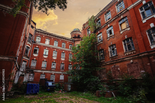 Old abandoned red brick building. Morozov barracks, Tver photo