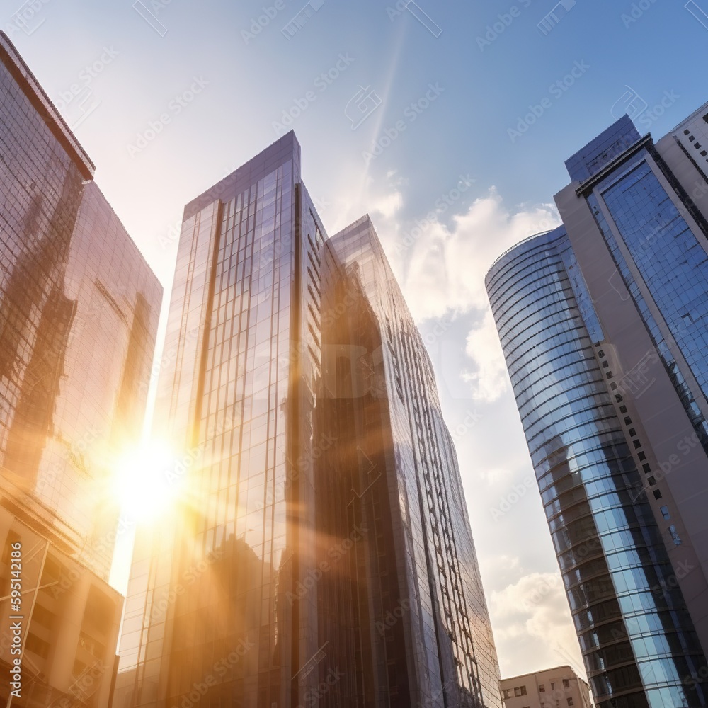 Office and residential skyscrapers on bright sun and clear blue sunset sky background. Commercial real estate. Modern business city district. generative ai