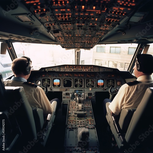 general view of a commercial flight simulator cockpit, with two pilots sitting in their seats, preparing to take off during a flight practice. generative ai