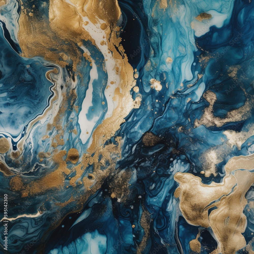 Abstract ocean- ART. Natural Luxury. Style incorporates the swirls of marble or the ripples of agate. Very beautiful blue paint with the addition of gold powder. generative ai