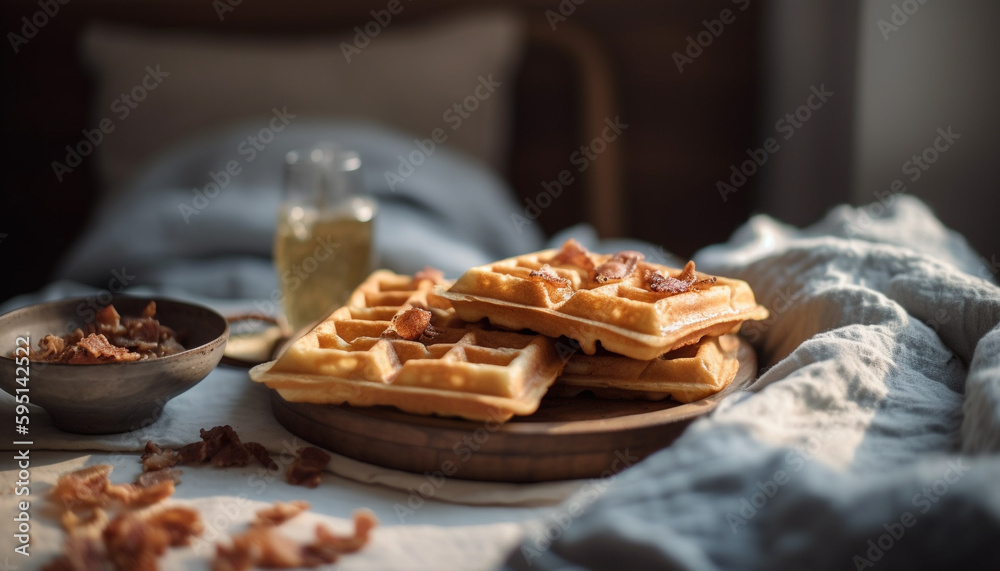 Freshly baked waffles with berries and chocolate generated by AI Freshly baked waffles with berries and chocolate generated by AI