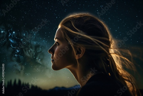 pretty young woman looking at the beautiful starry sky created with Generative AI technology