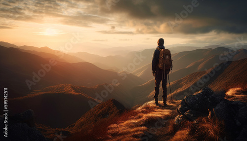 Backpackers hiking mountain peak at sunrise, success achieved generated by AI © Stockgiu