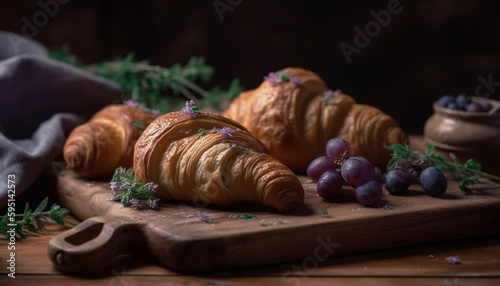 Freshly baked French croissants on rustic wooden table generated by AI