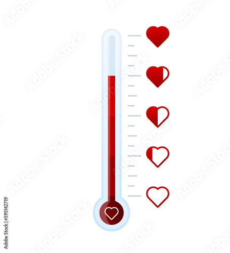 Love meter. Valentines Day, love indicator with red hearts and love thermometer. Attraction and passion scale, gauge for romance measurement. Vector illustration.