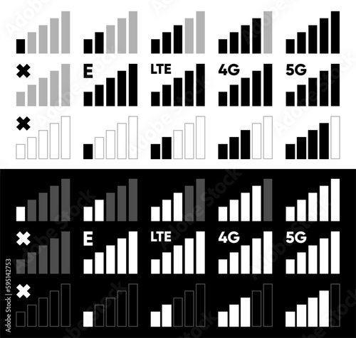 Mobile Network Signal collection. Mobile network strength icon set. 3g, 4g and 5g network. Full or no signal. Icon signal strength set. Vector illustration.