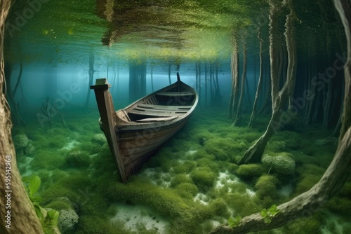 boat sailing through a misty swamp landscape. Generative AI