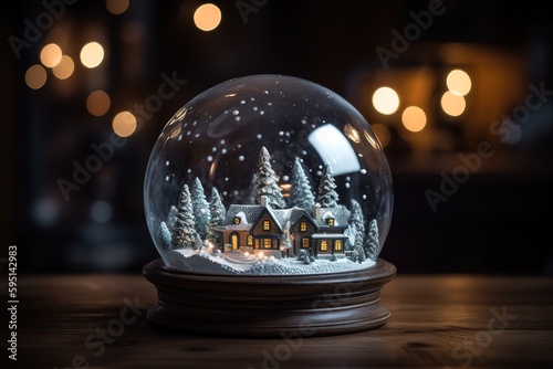 Snow globe, snowy landscape, pine trees, generative AI