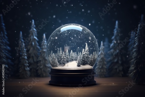 Snow globe, snowy landscape, pine trees, generative AI photo
