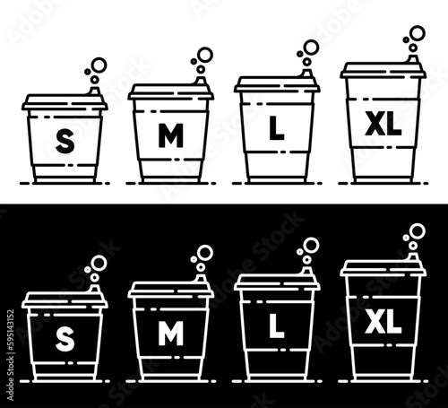 Cup size vector icons. Paper cup for coffee. Small, medium and big size. Different portion of the drink. Vector illustration.