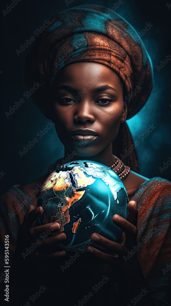 Naklejka premium African Woman Holding Globe in Traditional Attire. Generative AI.