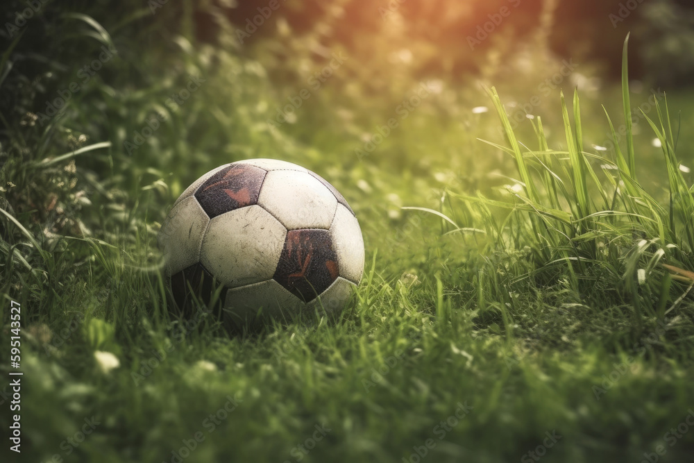 Obraz premium A green grass soccer field with an empty stadium in the background, featuring a soccer ball in the center. Ideal for sports-related projects. Recreational sport. Fun outdoor activity. Generative AI.