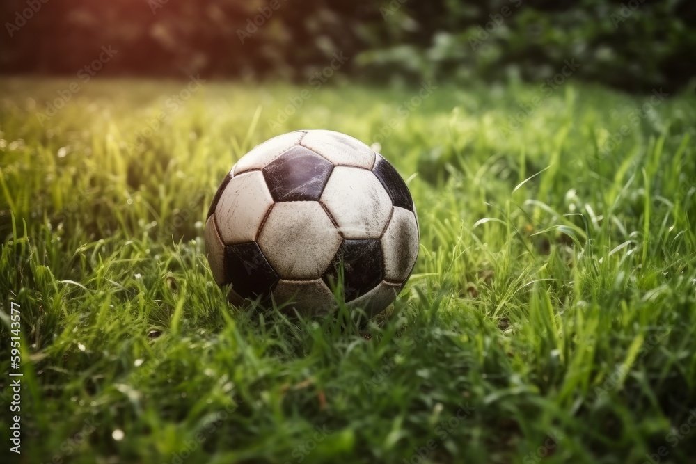 A green grass soccer field with an empty stadium in the background, featuring a soccer ball in the center. Ideal for sports-related projects. Recreational sport. Fun outdoor activity. Generative AI.