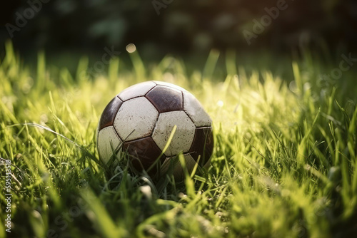 A green grass soccer field with an empty stadium in the background  featuring a soccer ball in the center. Ideal for sports-related projects. Recreational sport. Fun outdoor activity. Generative AI.