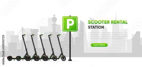 Electric Scooter. Public rental station for scooters. Sustainable transport. Modern lifestyle. Eco transport for city lifestyle. Vector illustration.