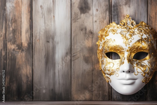 white mask with intricate gold filigree designs on a rustic wooden background. Generative AI