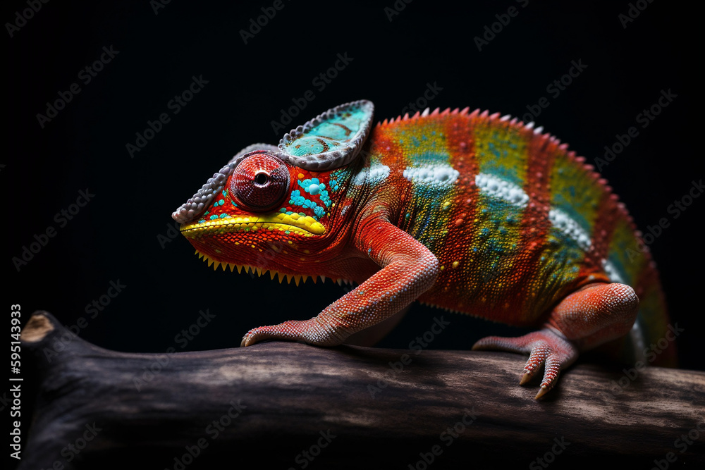 Fototapeta premium Chameleon on a black background. AI-generated 