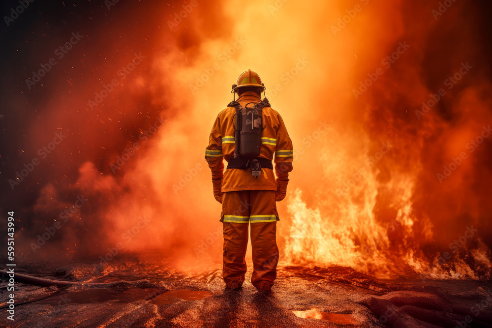 Firefighter stands in front of fire and smoke, view from behind, high quality generative ai Firefighter stands in front of fire and smoke, view from behind, high quality generative ai