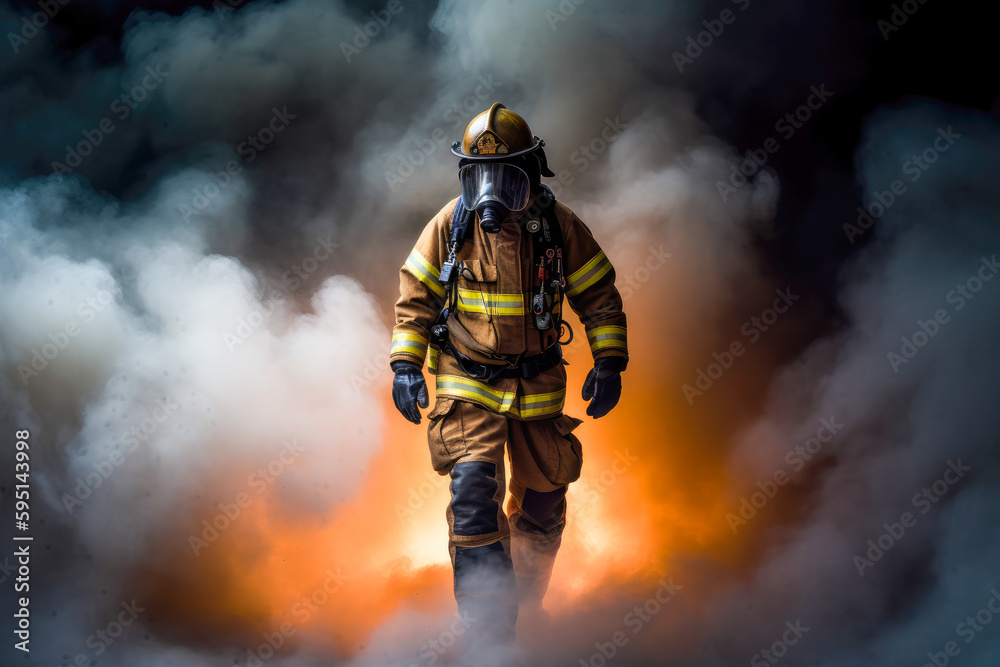 Fototapeta premium Firefighter with breathing apparatus walking out of fire and smoke, high quality generative ai