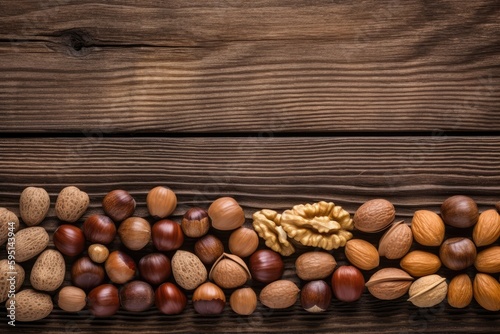 row of assorted nuts, including almonds, walnuts, cashews and pistachios. Generative AI
