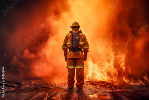 Firefighter stands in front of fire and smoke, view from behind, high quality generative ai