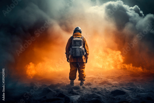 Firefighter stands in front of fire and smoke, view from behind, high quality generative ai © MVProductions