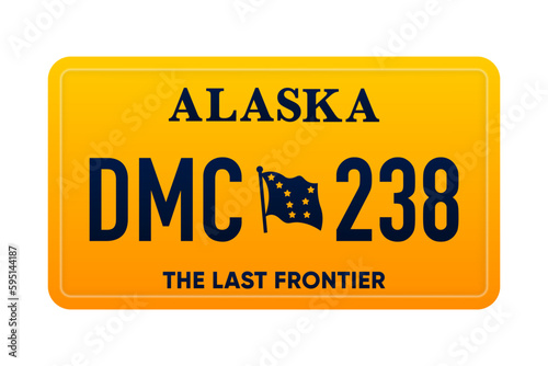 Alaska s Car number in the United States of America. Marking of car license plates. Realistic car registration plate. Vector illustration.