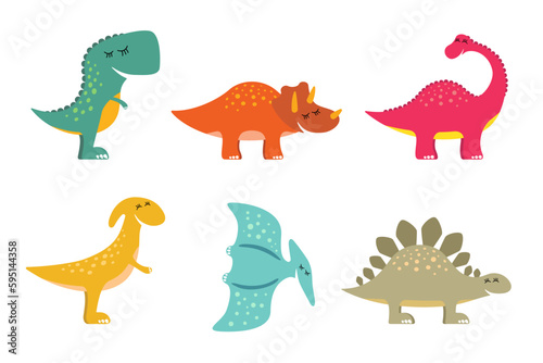 Fototapeta Naklejka Na Ścianę i Meble -  Cute colourful dino set. Kind smiling dinosaur collection. Cartoon graphic brontosaurus, tyrannosaurus rex, pterodactyl, triceratops, stegosaurus and parasaurolophus design. Creative hand drawn prints