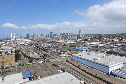 Railroad yard and San Diego cityscape photo
