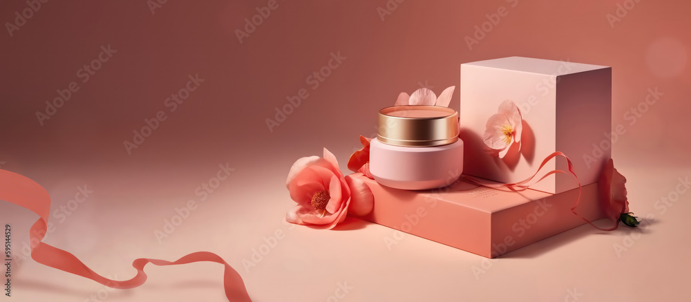 pink themed cosmetic cream product display for beauty gift boxes or spa mockup concepts as wide banner design with copyspace area - Generative AI pink themed cosmetic cream product display for beauty gift boxes or spa mockup concepts as wide banner design with copyspace area - Generative AI
