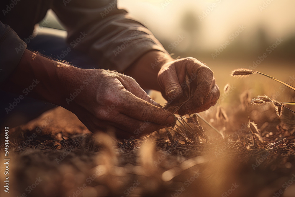 Agriculture workers in the field during sunset, tending to crops and harvesting. A close-up of a farmer's hand holding a plant, hard work and dedication required in this profession. Generative ai. - obrazy, fototapety, plakaty 