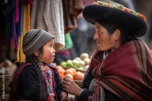 Andean Quichua mother with her daughter in the local market. Generative AI photo