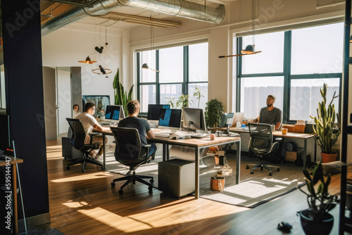 Team brainstorming in sunlit office space, high quality generative ai